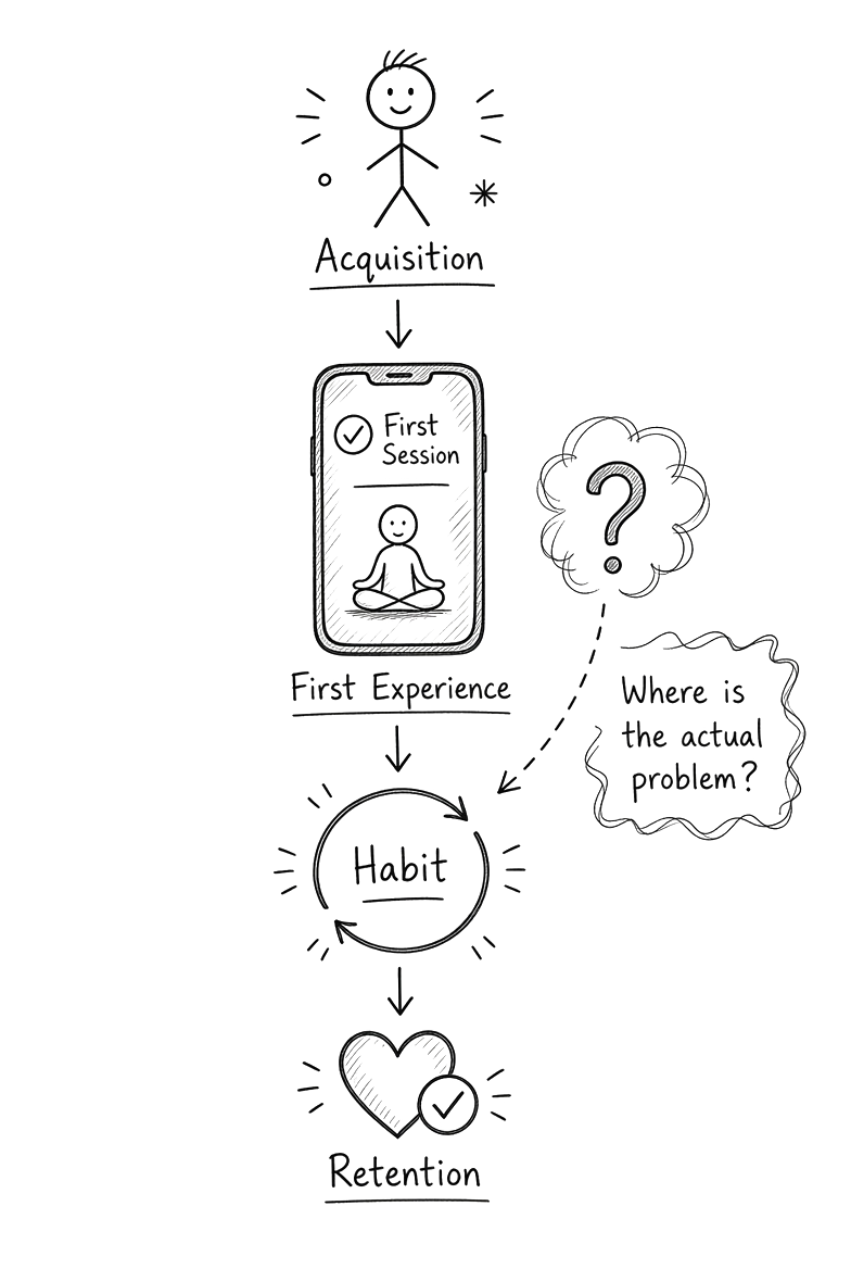 Hand-drawn diagram: Acquisition leads to First Experience, which leads to Habit, which leads to Retention. A thought bubble points from between First Experience and Habit, asking 'Where is the actual problem?'
