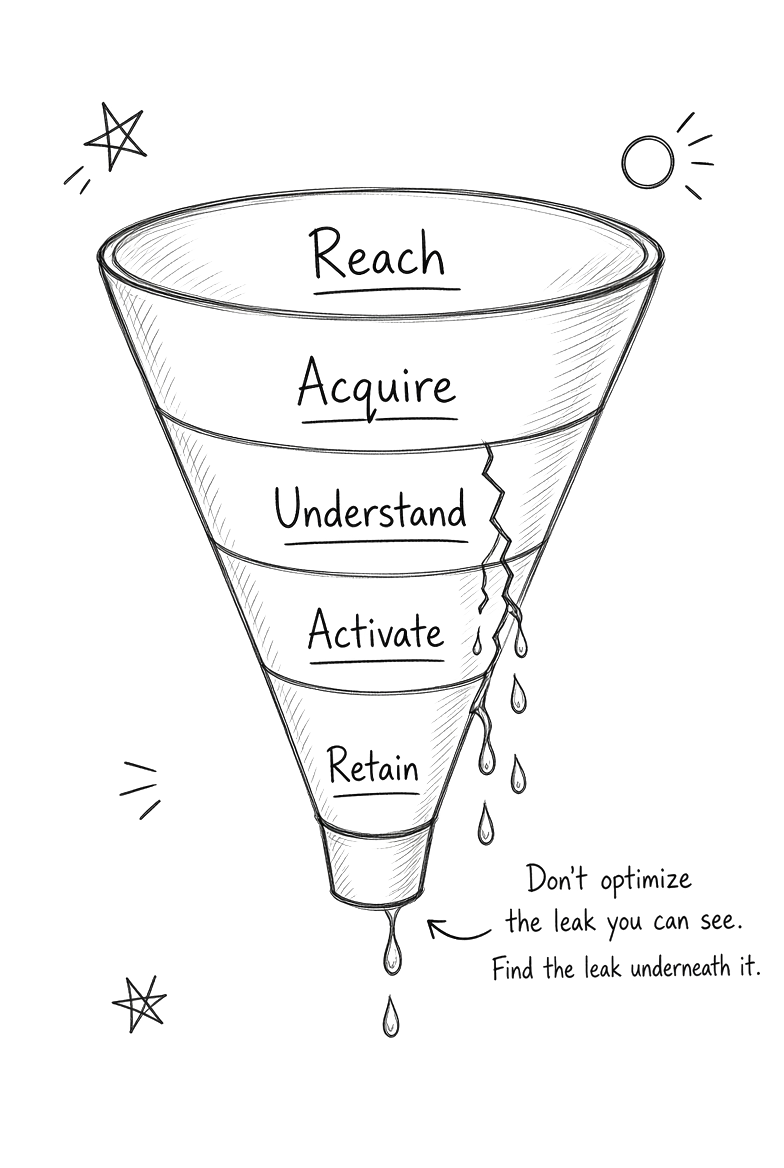 Hand-drawn funnel diagram with five stages — Reach, Acquire, Understand, Activate, Retain — cracking and leaking between Understand and Retain, annotated 'Don't optimize the leak you can see. Find the leak underneath it.'